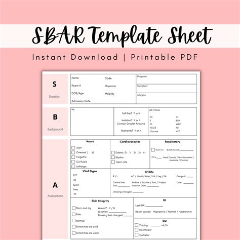 Sbar Template Sheet Sbar Nursing Student Sbar Nurse Printable