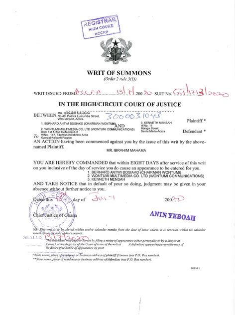 Writ Of Summons Ibrahim Vrs Antwi Bosiako Pdf