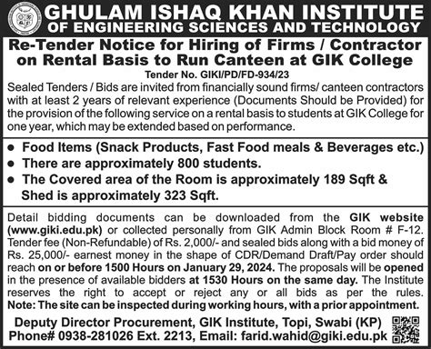 Re Tender Notice For Hiring Of Firmcontractor To Run Canteen At Gik