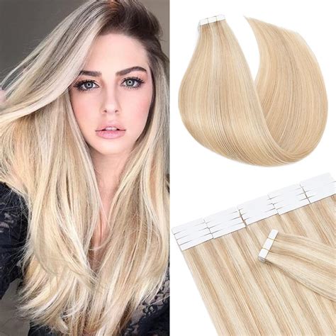 Real Remy Tape In Human Hair Extensions 10pcs 16inch 18p613 Ash Blondeandbleach Blonde Balayage