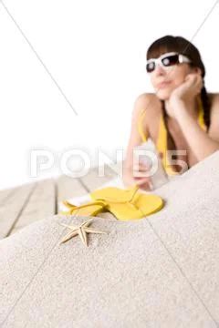 Beach Starfish On Sand Woman In Bikini In Background Stock Photo 11284030