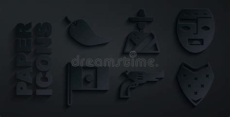 Set Revolver Gun Aztec Mask Mexico Flag Poncho Mexican Man Sombrero And Hot Chili Pepper Pod