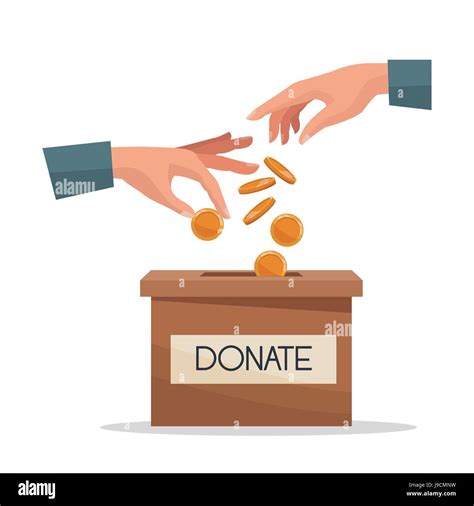 Hands Depositing Coin In A Carton Box With Text Banner Donate Stock