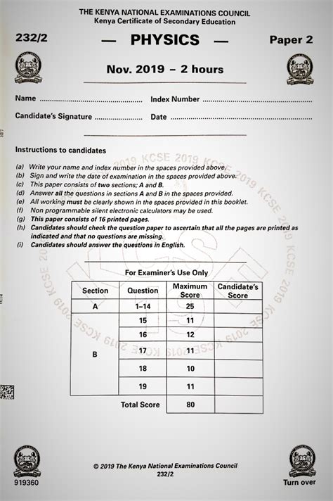 KNEC KCSE 2019 Physics Paper 2 Past Paper Muthurwa