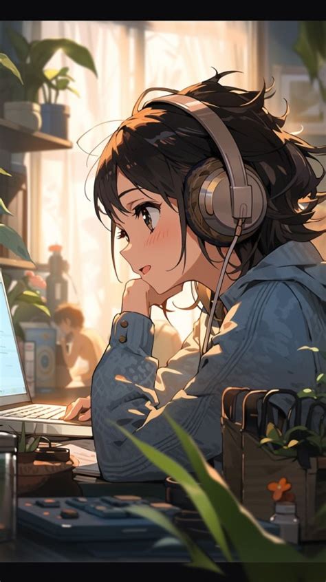 Cute Happy Anime Girl using Laptop Computer Aesthetic (22) Wallpaper ...