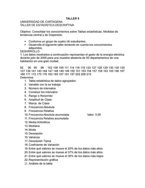 Taller 5 Estad TALLER 5 UNIVERSIDAD DE CARTAGENA TALLER DE