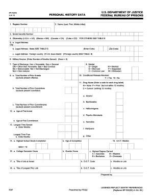 Fillable Online Bop Form Bp A Personal History Datat Bop Fax