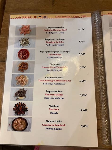 Menu at Casa Enrique pub & bar, Peguera
