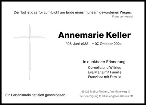 Traueranzeigen Von Annemarie Keller Vrm Trauer De