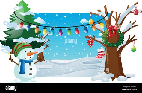 Winter scene with snowman and lights illustration Stock Vector Image ...