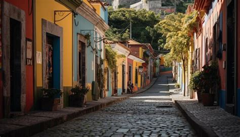 Premium AI Image Vibrant Colored Buildings Line Narrow Cobblestone