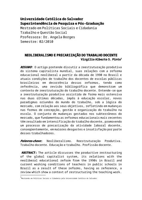 Doc Artigo Neoliberalismo E Precariza O Do Trabalho Docente