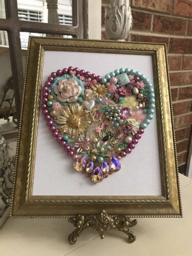 Vintage Jewelry Art Floral Heart Valentines Day Collage Framed Ebay