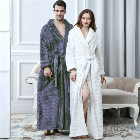 Men Winter Plus Size Extra Long Flannel Bathrobe Thick Warm Solid Shell Coral Fleece Bath Robe