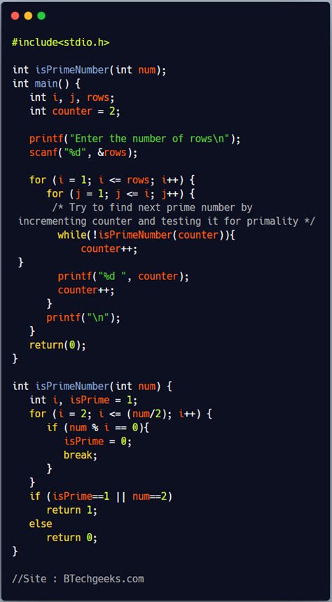 C Program To Print Triangle Pattern Of Prime Numbers Btech Geeks