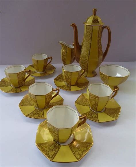 S Royal Doulton George V Art Deco Coffee Set Yellow With Overlaid