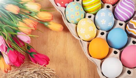 Free Photo Happy Easter Colourful Of Easter Eggs And Tulip Flower On