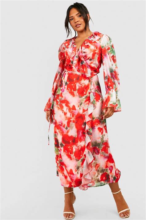 Plus Floral Ruffle Wrap Dress Boohoo Uk