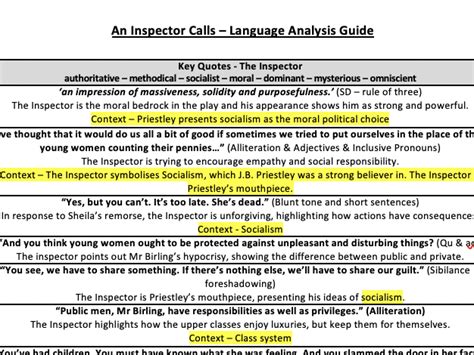 An Inspector Calls Key Quotes And Language Analysis Notes Teaching