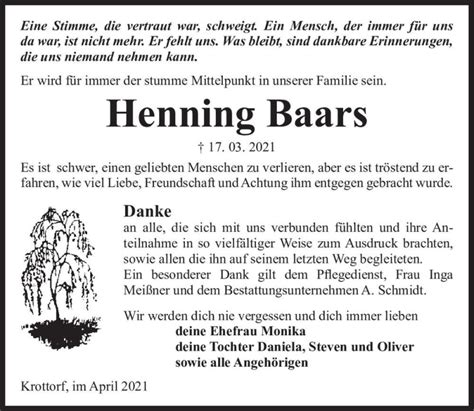 Traueranzeigen Von Henning Baars Abschied Nehmen De