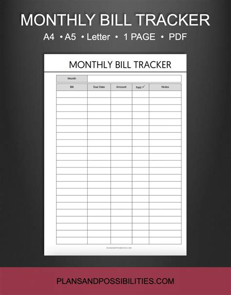 Vertical Monthly Bill Tracker Printable Bill Payment Tracker Bill Pay Checklist Budget