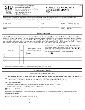 Fillable Online Fao Siu Siu Verification Worksheet Dependent Students