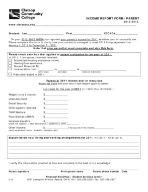 Fillable Online Clatsopcc INCOME REPORT FORM PARENT Clatsopcc Fax