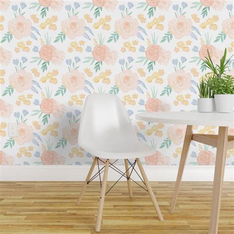 Peel And Stick Wallpaper 2ft Wide Watercolor Floral Pink Yellow Roses Flowers Medium Scale Pastel