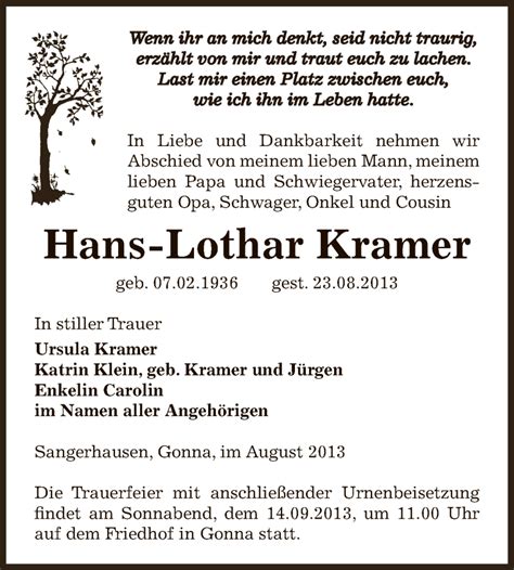 Traueranzeigen Von Hans Lothar Kramer Abschied Nehmen De