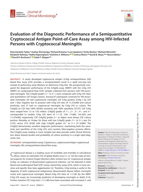 Pdf Evaluation Of The Diagnostic Performance Of A Semi Quantitative Cryptococcal Antigen Point