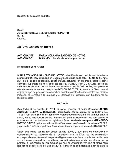 Tutela dian Bogotá 06 de marzo de 201 5 Señor JUEZ DE TUTELA DEL