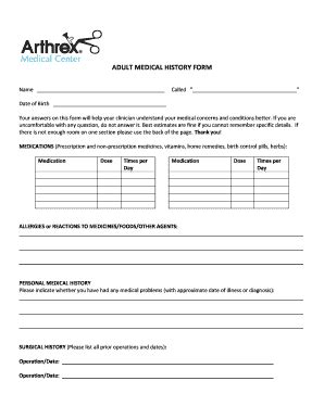 Fillable Online Adult Medical History Form Arthrex Medical Center Fax