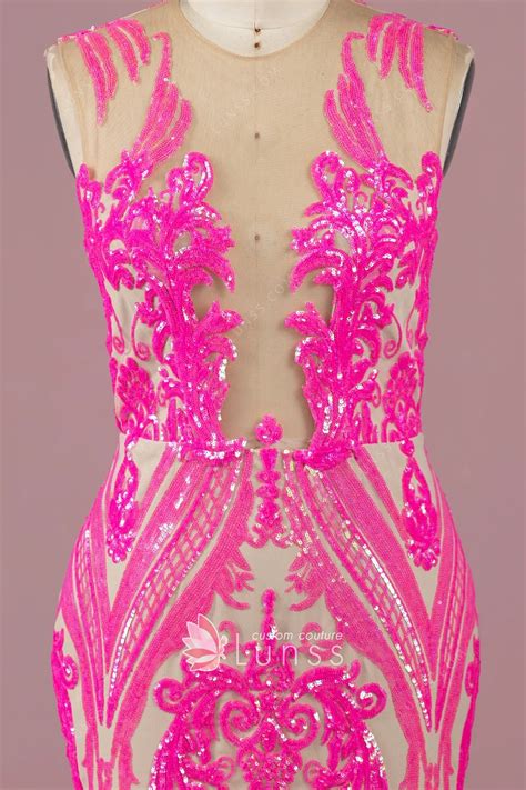 Sparkly Hot Pink Geometric Sequin Mermaid Prom Dress Lunss