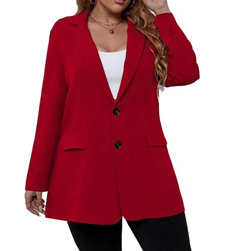 Elegant Plain Lapel Neck Long Sleeve Red Plus Size Blazers Womens