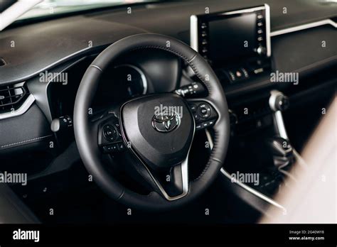 Kyiv, Ukraine - 09 Feb, 2021: Toyota car interior. Black interior of ...