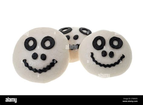 Halloween Asian Bao Buns With Scary Faces White Background Stock