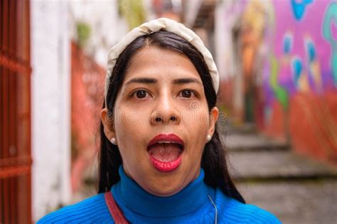 Face Of A Latina Woman Surprised In A Magical Mexican Village Stock Image Image Of Journey