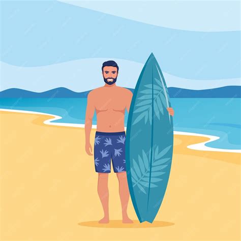 Premium Vector Young Man Surfer With Surfboard Standing On The Beach