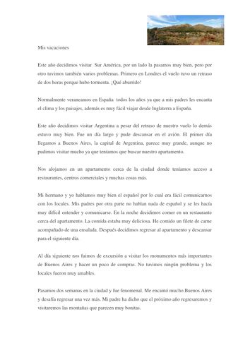 Mis Vacaciones Texto Y Preguntas My Holidays Text And Questions