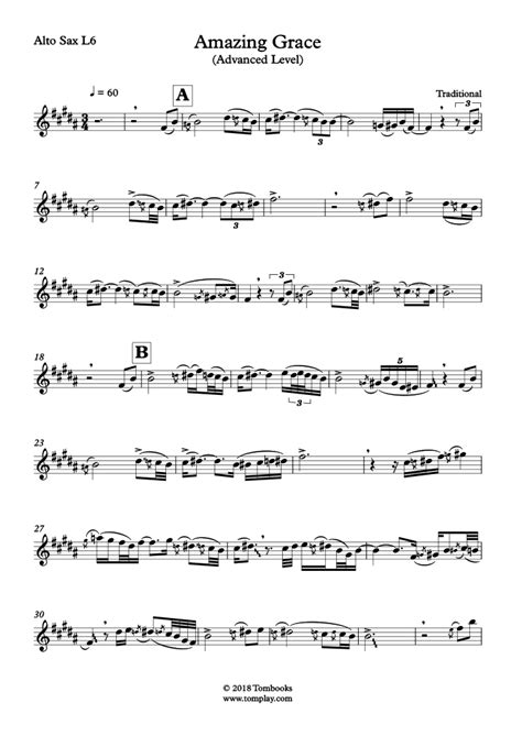 Amazing Grace Advanced Level Alto Sax Traditional Saxophone Sheet Music