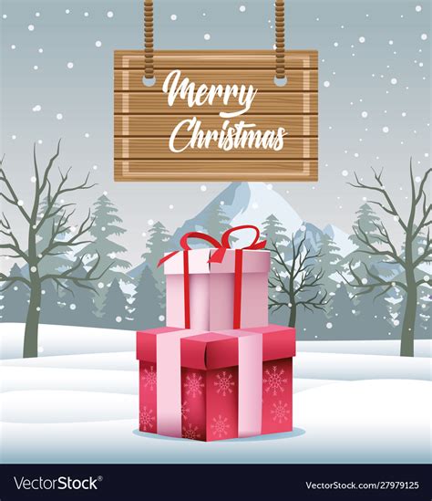 Merry Christmas Card With Ts In Snowscape Vector Image