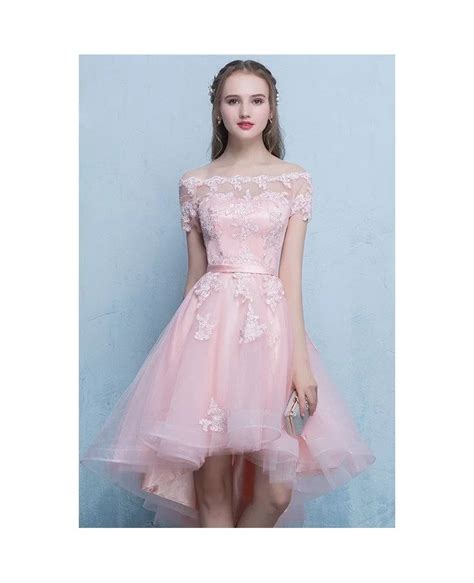 Pink High Low Lace Tulle Homecoming Party Dress With Off Shoulder Sleeves E9814