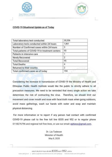 Status of Covid-19 Cases in Ethiopia on 8.5.2020