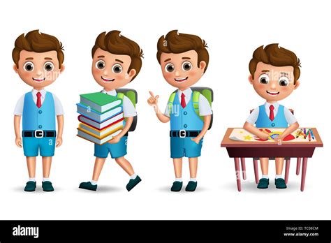 School boy vector character set. Back to school student wearing uniform ...