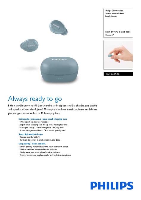 Philips Tat Bl Series In Ear True Wireless Headphones Instructions