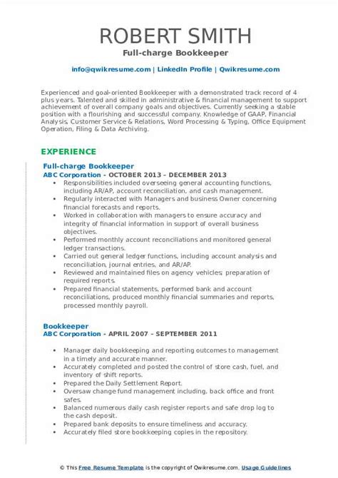 Bookkeeper Resume Samples Qwikresume