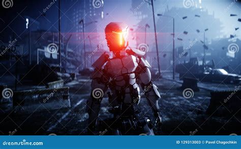 Military Robot In Destroyed City Future Apocalypse Concept 3d