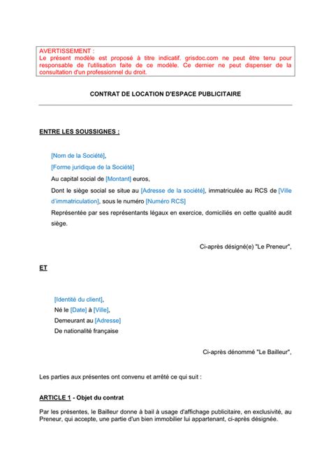 Modelé de contrat de location d espace publicitaire DOC PDF page 1