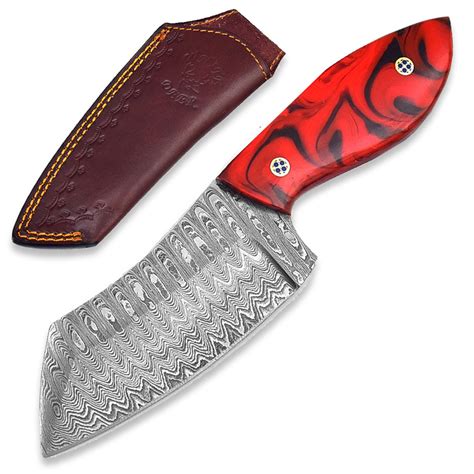 White Deer Mini Japanese Meat Cleaver With Red Marble Resin Handle 1095