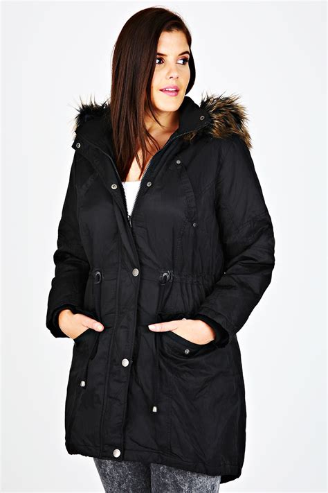 Black Twill Lined Parka With Fur Trim Hood Plus Size 16 18 20 22 24 26